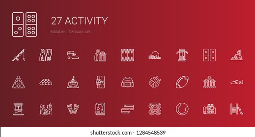 activity icons set. Collection of activity with tennis, gamepad, measuring tape, workflow, flippers, smore, well, rugby, ball, sport, tent. Editable and scalable activity icons.