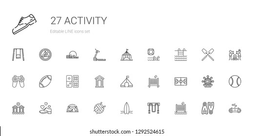 activity icons set. Collection of activity with volley, jumping rope, surfboard, ball, tent, shoe, cabins, football field, cabin, domino. Editable and scalable activity icons.