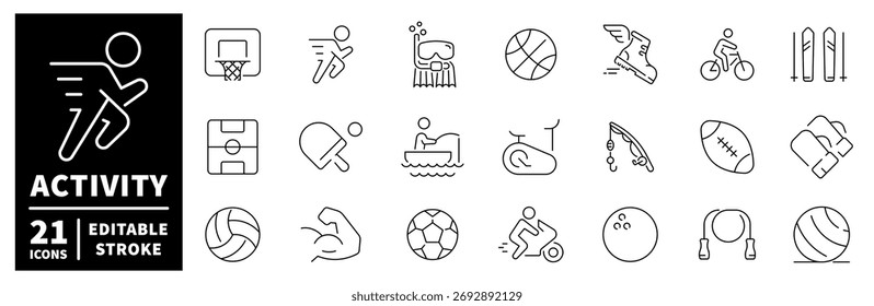 Conjunto de ícones de atividade. ícones de linha editáveis, esportes de estrutura de tópicos e símbolos de fitness