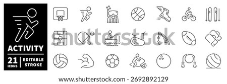 Activity icons set. editable line icons, outline sports and fitness symbols