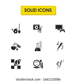 Activity icons set with gardening, video marketing and coffee elements. Set of activity icons and laboratory concept. Editable vector elements for logo app UI design.