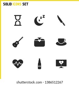 Activity icons set with guitar, coffee and knife elements. Set of activity icons and computer concept. Editable vector elements for logo app UI design.