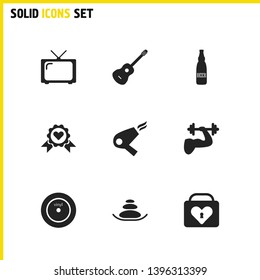 Activity icons set with hair dryer, heart case and hot stones elements. Set of activity icons and badge concept. Editable vector elements for logo app UI design.