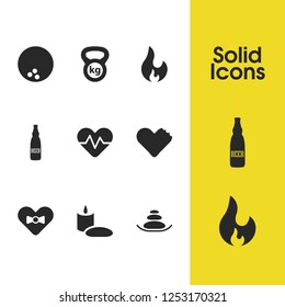 Activity icons set with heart box, chocolate and ball for char elements. Set of activity icons and bowling concept. Editable vector elements for logo app UI design.
