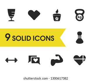 Activity icons set with heart chat, wineglass and chocolate elements. Set of activity icons and communication concept. Editable vector elements for logo app UI design.