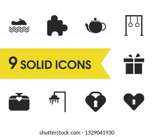 Activity icons set with heart with lock, ring simulator and water bike elements. Set of activity icons and bathroom concept. Editable vector elements for logo app UI design.
