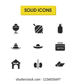 Activity icons set with ice cream, hot stones and booth elements. Set of activity icons and hatband concept. Editable vector elements for logo app UI design.