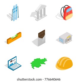 Activity icons set. Isometric set of 9 activity vector icons for web isolated on white background