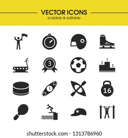 Activity icons set with kayak, soccer ball and washer for hockey elements. Set of activity icons and ice shoe concept. Editable vector elements for logo app UI design.