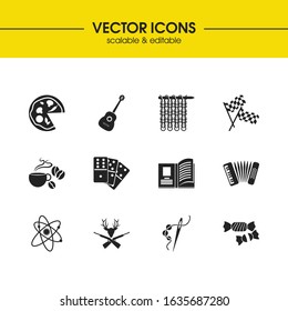 Activity icons set with knitting, guitar and racing flag elements. Set of activity icons and acoustic concept. Editable vector elements for logo app UI design.