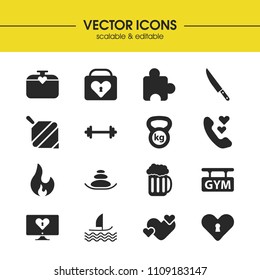 Activity icons set with love, surfing and dumbbell elements. Set of activity icons and locked concept. Editable vector elements for logo app UI design.