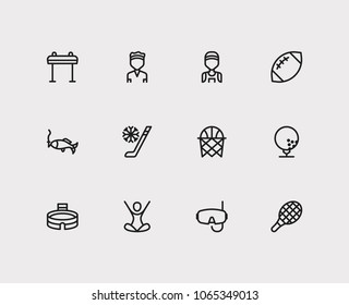 Activity icons set. Marathon runner and activity icons with tennis, scuba diving and horse sport. Set of stick for web app logo UI design.