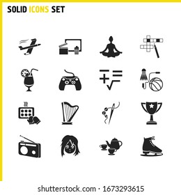 Activity icons set with math, radio and baking elements. Set of activity icons and joystick concept. Editable vector elements for logo app UI design.