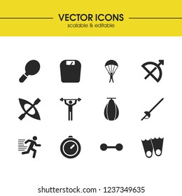 Activity icons set with parachutist, flippers and weightlifter elements. Set of activity icons and dumbbell concept. Editable vector elements for logo app UI design.