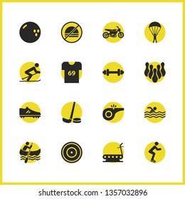 Activity icons set with parachutist, skittles and swimmer elements. Set of activity icons and sphere concept. Editable vector elements for logo app UI design.