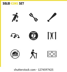 Activity icons set with push-ups, no burger and cue ball elements. Set of activity icons and baseball stick concept. Editable vector elements for logo app UI design.