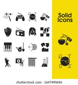 Activity icons set with puzzle, coffee and baseball glove elements. Set of activity icons and joystick concept. Editable vector elements for logo app UI design.