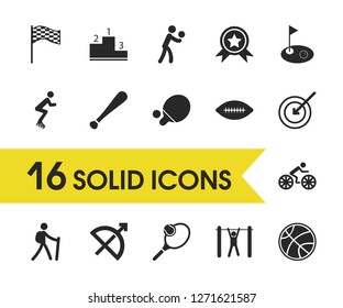 Activity icons set with racing flag, ping pong and racquetball elements. Set of activity icons and baseball stick concept. Editable vector elements for logo app UI design.