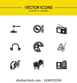 Activity icons set with sculpting, billiard and pasta elements. Set of activity icons and drawing concept. Editable vector elements for logo app UI design.