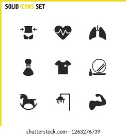 Activity icons set with shower, muscle and lungs elements. Set of activity icons and makeup concept. Editable vector elements for logo app UI design.