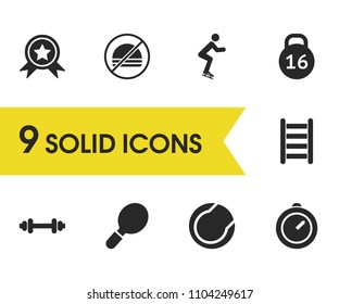 Activity icons set with skater, no burger and tennis rocket elements. Set of activity icons and design concept. Editable vector elements for logo app UI design.