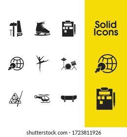 Activity icons set with skating, internet surfing and planning elements. Set of activity icons and skater concept. Editable vector elements for logo app UI design.