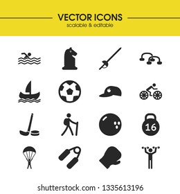 Activity icons set with soccer ball, two dumbbells and sword elements. Set of activity icons and skydiving concept. Editable vector elements for logo app UI design.