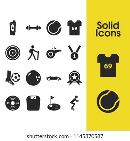 Activity icons set with soccer player, pancake rod and sports car elements. Set of activity icons and barbell concept. Editable vector elements for logo app UI design.