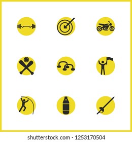 Activity icons set with stick jumper, flag-bearer and target elements. Set of activity icons and motorcycle concept. Editable vector elements for logo app UI design.