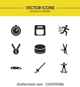 Activity icons set with sword, skateboarder and washer for hockey elements. Set of activity icons and medallion concept. Editable vector elements for logo app UI design.