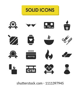 Activity icons set with watch with heart, pouch and cake elements. Set of activity icons and gamepad concept. Editable vector elements for logo app UI design.