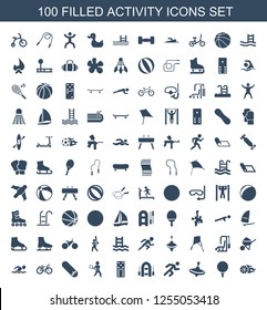 activity icons. Trendy 100 activity icons. Contain icons such as basketball, golf ball, whirligig, running, inflatable boat, domino, tennis playing. activity icon for web and mobile.