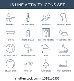 activity icons. Trendy 16 activity icons. Contain icons such as paintball, boxing bag, running, skipping rope, skate, bar tightening, fitness carpet. activity icon for web and mobile.