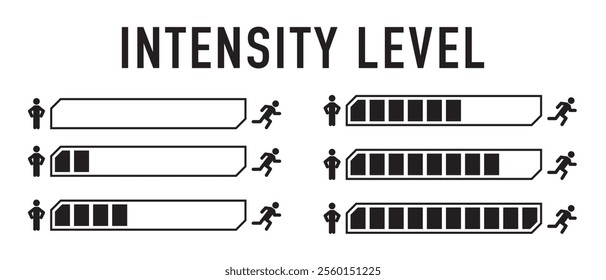 Activity intensity, progress scale, load levels, running, fitness, vector, silhouette.