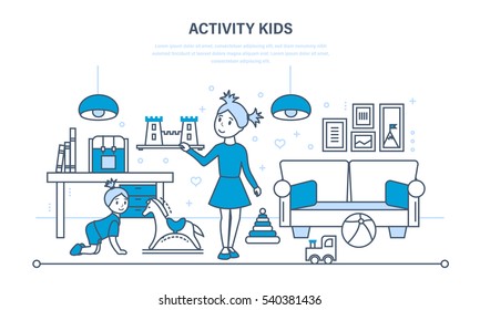 Activity kids. Hobbies, entertainment, games, in the basic time of activities against the background of an interior room. Illustration thin line design of vector doodles, infographics elements.