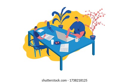 Activity like working and learning together at home with parent. Flat illustration. 