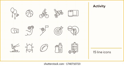 Activity line icon set. Cycling, game, slimming. Exercising concept. Can be used for topics like sport, physical activity, active lifestyle