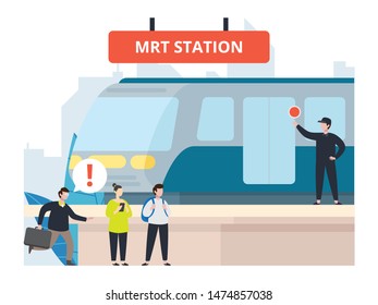 Activity in mass rapid transport station. City infrastructure development. City scape, tower, and mass transportation development. Infrastructure of a city with tiny people illustration. 