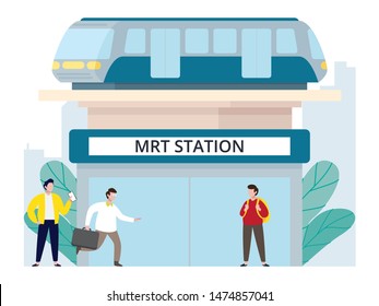 Activity in mass rapid transport station. City infrastructure development. City scape, tower, and mass transportation development. Infrastructure of a city with tiny people illustration. 