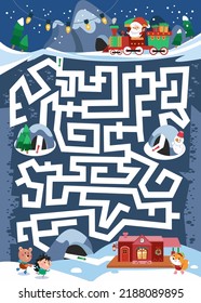 Activity maze for kids. Puzzle game for children. Help Santa Claus get to the central station through the tunnels. Funny cartoon character. Vector illustration.