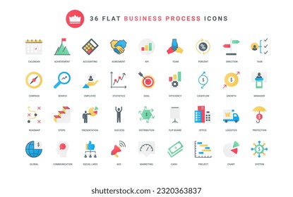 Activity of office employees for project growth, target management and marketing system, statistics charts research career ladder. Business process trendy flat icons set vector illustration