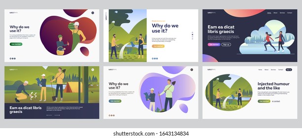 Activity outdoors set. People gardening, planting seedlings, skating on ice. Flat vector illustrations. Family, lifestyle, leisure concept for banner, website design or landing web page