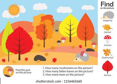 Activity page, autumn forest in cartoon style, find images, answer the questions, visual education game for the development of children, kids preschool activity, worksheet, vector illustration