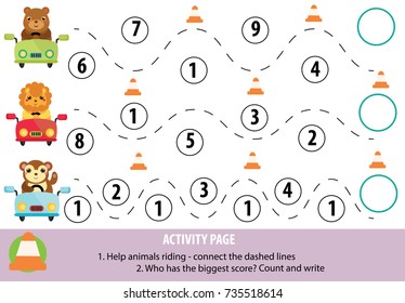 Activity page for children. Handwriting practice and mathematics. Educational game, printable worksheet for kids. Learning writing and counting skills