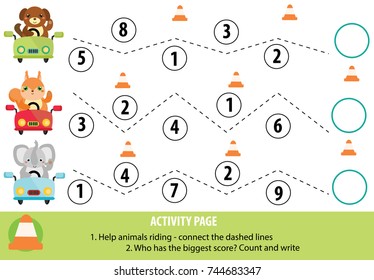 Activity page for children. Handwriting practice and mathematics. Educational game, printable worksheet for kids. Learning writing and counting skills