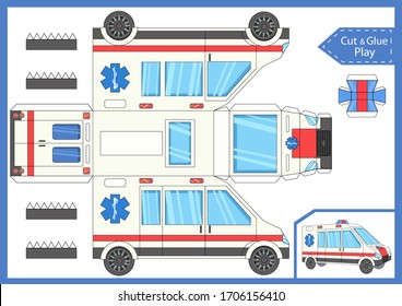 Activity page. Cut and glue the paper a ambulance. Worksheet with education riddle. Children art game. Kids crafts. Create toys yourself. 3d gaming puzzle. Medical birthday decor. Vector illustration.