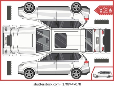 Activity page. Cut and glue the SUV. Worksheet with education riddle. Children art game. Kids crafts. DIY miniature. Printables 3d puzzle. Birthday decor with car. Vector illustration.