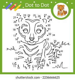 Activity page. Dot to dot game connect picture of tiger. Kids education riddle game and coloring book. Children worksheet. Vector illustration.