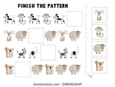 Activity page. Education developing worksheet. Game for kids. Continue the pattern. Puzzle for children with animals. Riddle for preschool. Cute cartoon style. Vector illustration.