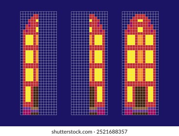 activity page: finish drawing night scandinavian house  mirrored pixels the left,right  side, vector set